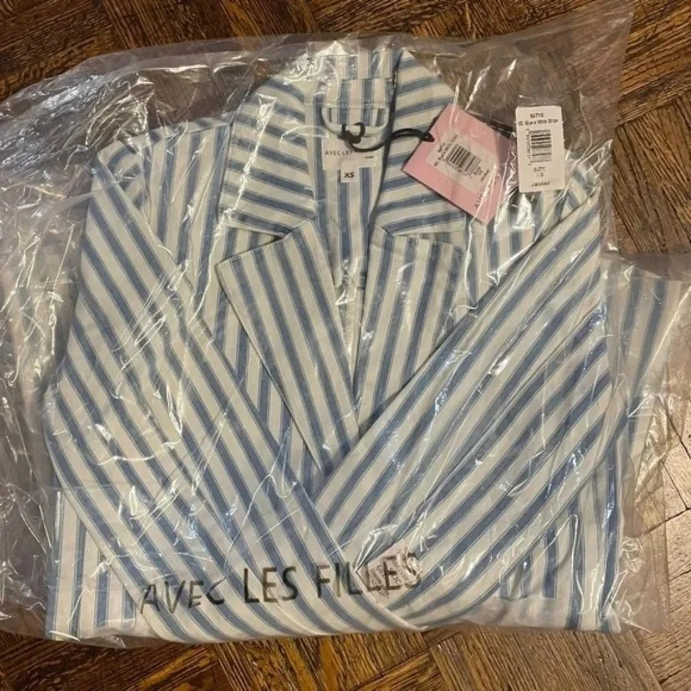 New Avec Les Filles Striped Cotton Blazer Blue White XS $149 - Picture 7 of 8